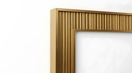 Close-up detail of a modern gold metallic picture frame corner featuring a vertical fluted and ribbed texture, matte brass finish, and mitered joint isolated on a white background.