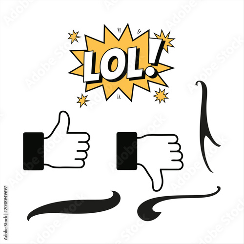 Fotografi Comic style Speech Bubble And Hand Gestures Vector Illustration text lol thumbs