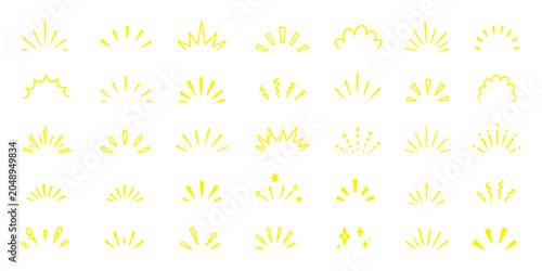 doodle line sparkle vector set, comic style decorative lines, burst effects, and dynamic radial patterns. Hand drawn pop surprise line frame for title headline illustration. Doodle sparkle and rays.