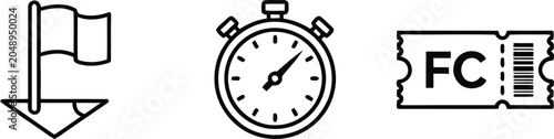Canvastavla Black line icons of flag, stopwatch and ticket