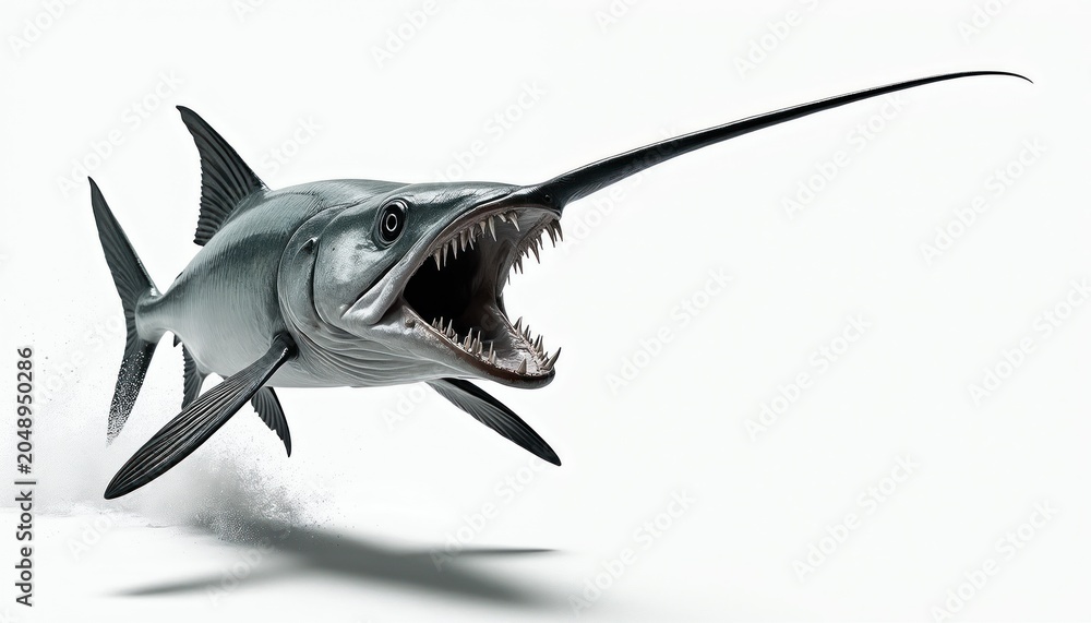 Fototapeta premium Swordfish leaps from water thrashing with open mouth full of sharp teeth. Big predatory fish swims in ocean surface splashing spray. Marine predator hunts prey showing dangerous maw.