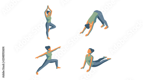 Detailed vector illustration set of four yoga pose silhouette icons in a modern isometric style, featuring a neatly ordered grid layout for fitness apps, wellness websites, and healthy lifestyles.