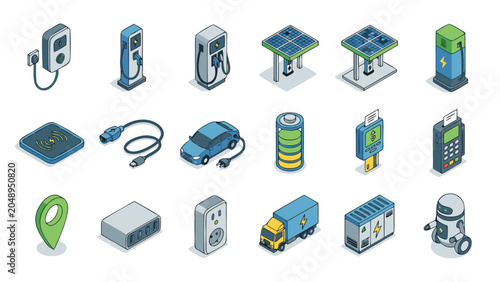 Modern isometric set of sixteen electric car charging station vector icons representing renewable energy automotive technology and sustainable transport infrastructure for green city environments.