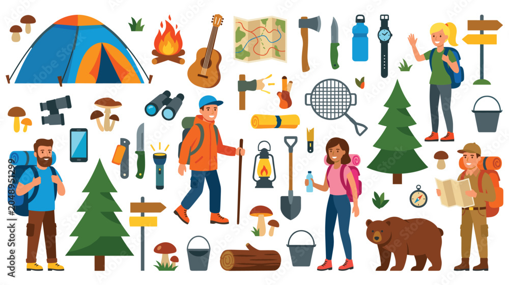 Naklejka premium Camping and hiking equipment with tourist characters set.
