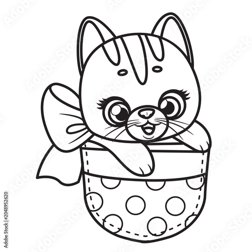 Cute cartoon kitten in pocket outlined for coloring page on white background