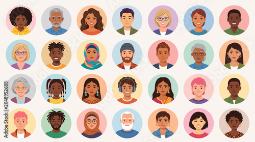 Extensive set of diverse multicultural human avatars circular portraits