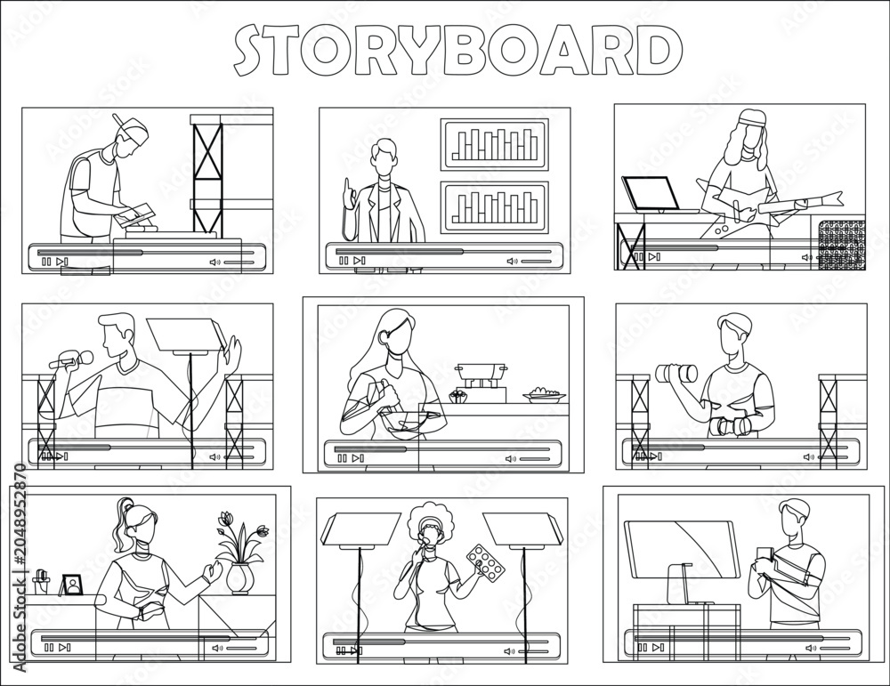 Obraz premium Video Production Storyboard Template with Content Creators and Filmmaking Scenes Vector Illustration