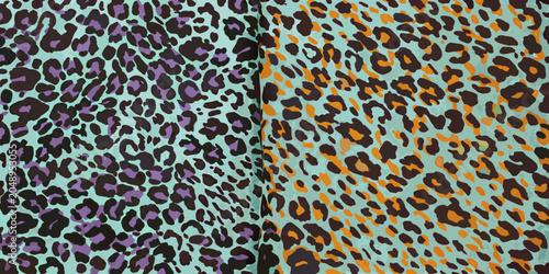 Colorful leopard print pattern with teal purple and orange hues