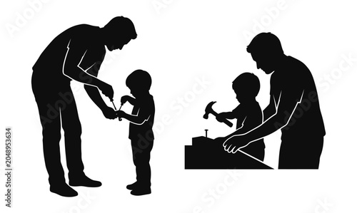 Silhouette of father and son working together with tools