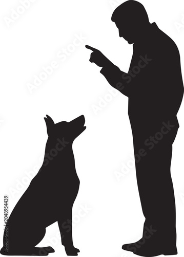 Silhouette of man training his obedient dog isolated on transparent background