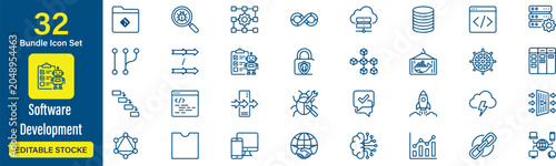 Set of 32 (Software Development Icons) Each icon will be different, create a vector outline icons using white background and black color.
