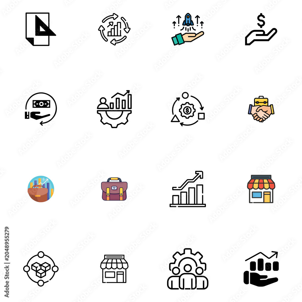 Obraz premium Modern Business and Startup Icons Set with Leadership, Strategy, Growth and Teamwork Symbols 2.eps