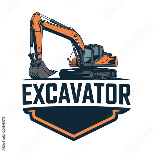 Excavator Construction Badge Logo with Orange and Dark Blue Excavator Illustration and Bold Excavator Wordmark