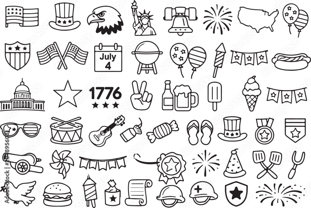 Fototapeta premium 50 USA Independence Day Line Icons Set – Fourth of July Outline Vector Collection, American Patriotic Symbols Pack