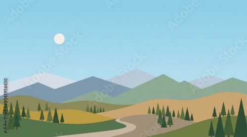 Minimalist Flat Design Mountain Landscape with Winding Road