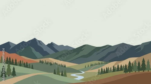 Minimalist Flat Design Mountain Landscape with Winding River