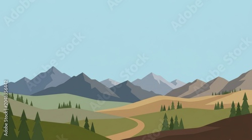 Minimalist flat design mountain landscape with a winding road