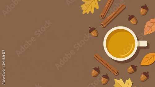 Autumn Tea Cup with Cinnamon Sticks and Acorns on Brown Background