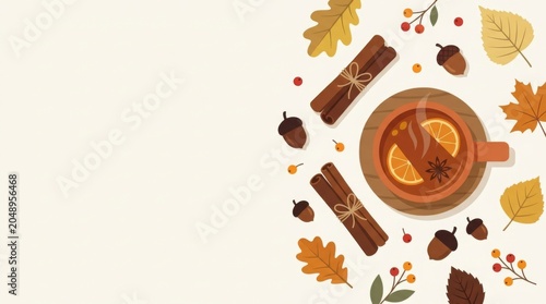 Cozy Autumn Hot Drink with Cinnamon and Fall Leaves Illustration