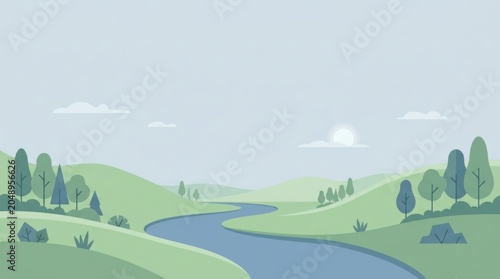 Minimalist Flat Vector Landscape with Winding River and Green Hills
