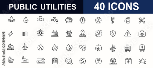 Public utilities web icons in line style. Infrastructure, energy supply, gas meter, power grid, water pipe, heating boiler, safety control. Editable stroke. Vector illustration.