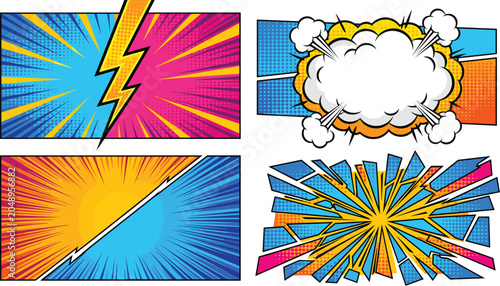 Retro Pop Art Comic Banner Background Vector Set with Lightning Bolt Explosion Cloud Zoom Speed Lines and Shattered Glass Layout Graphic Design
