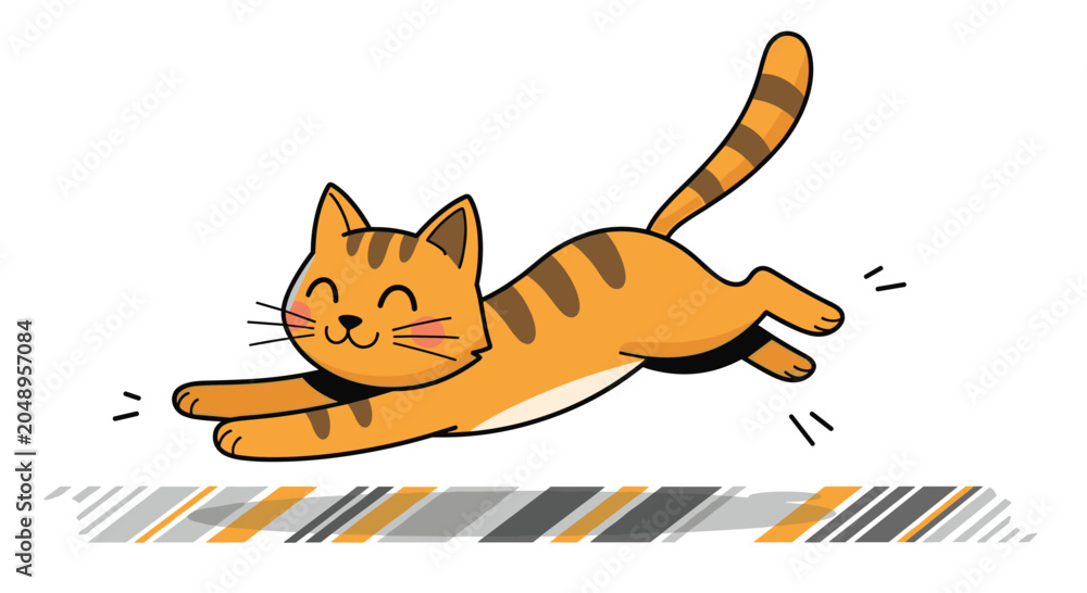 Fototapeta premium Playful orange tabby cat stretching its body forward on a striped rug while showing a happy and content expression.