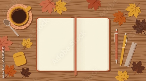 Autumn Workspace Flat Lay with Open Blank Notebook and Coffee