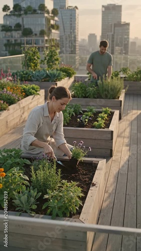 People Growing Fresh Vegetables on Rooftop Garden Above City Skyline, Urban Farming, Sustainability and Local Food Production Concept