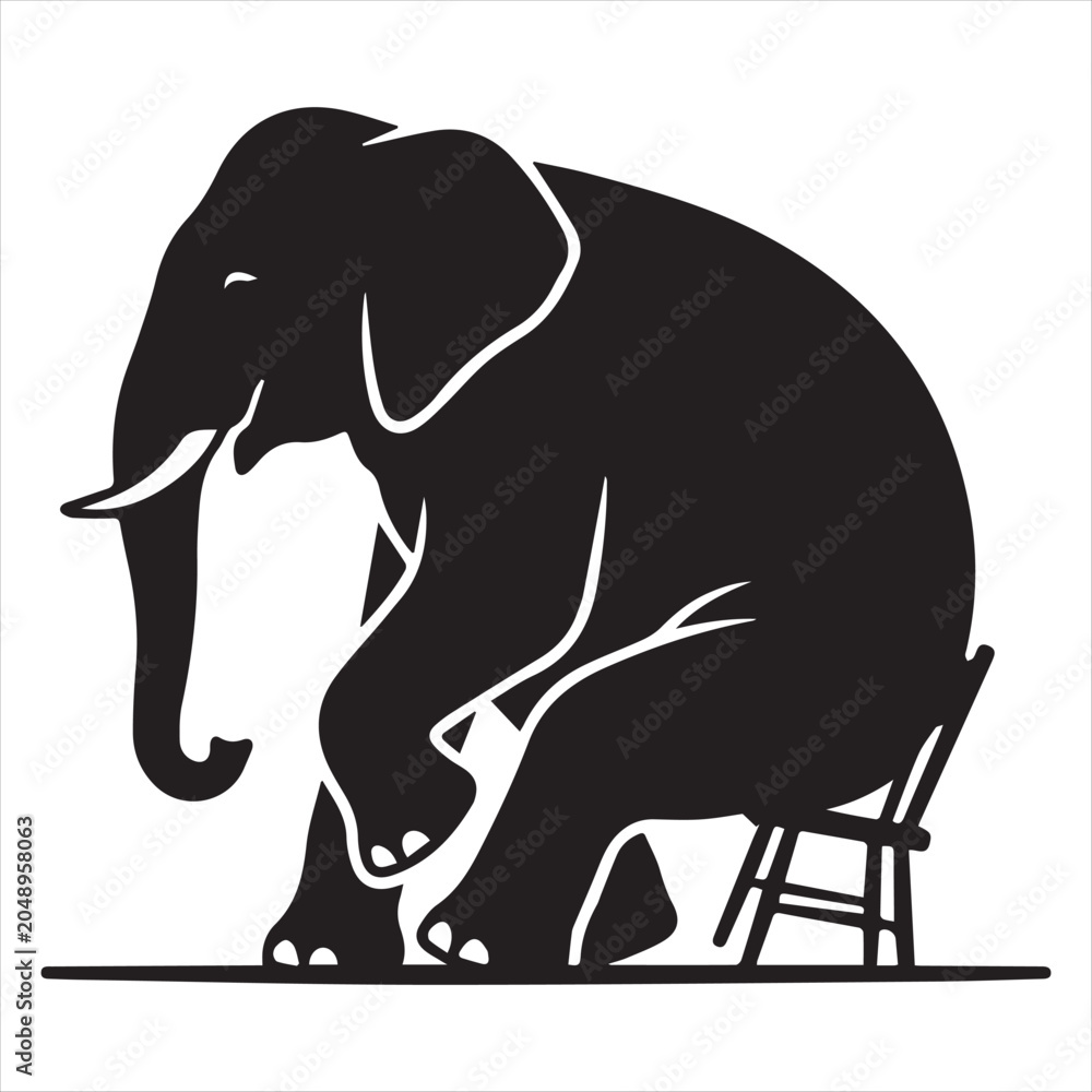 Fototapeta premium Elephant On Undersized Chair Showing Comical Size Difference Silhouette