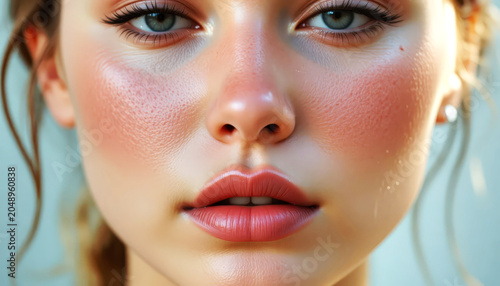 Close-Up Beauty Portrait of Young Woman With Dewy Skin, Blush Makeup and Glossy Lipsю