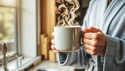 Steaming Morning Coffee Mug Held in Hands While Wearing Cozy Robe by Kitchen Window.