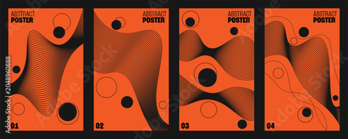 Abstract geometric wave poster set, modern orange and black minimal line art background cover design vector illustration