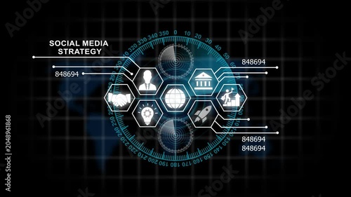 Digital social media strategy infographic hud interface with global business and animated data analytics metrics for corporate marketing presentations and tech