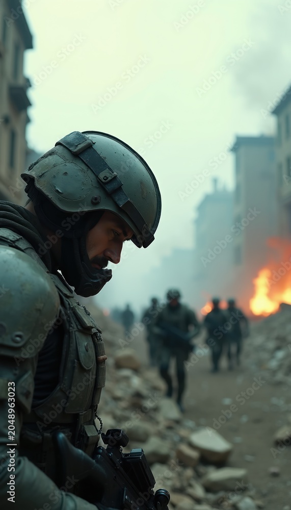 Fototapeta premium Soldier in helmet and tactical gear stands on rubble road in war zone city ruins. Military forces advance through smoke and fire. Urban combat scene after battle destruction.
