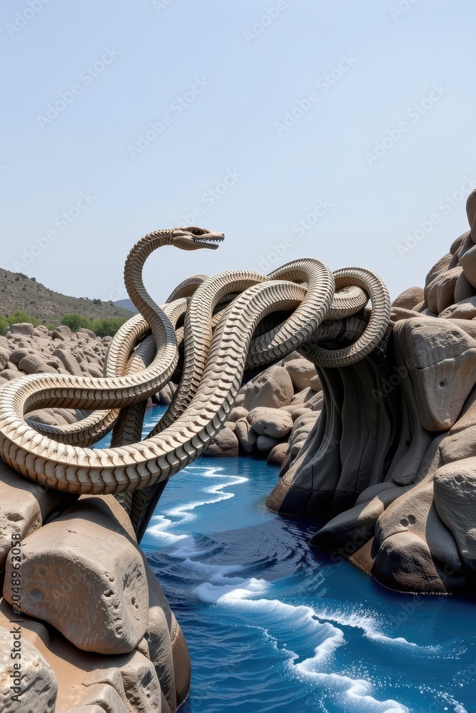 Fototapeta premium Massive snake coils over rocky bridge