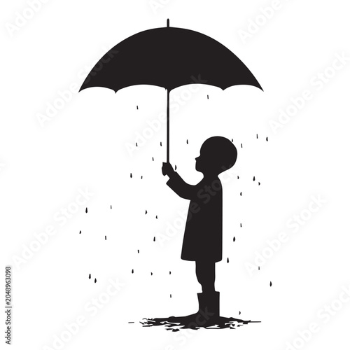 Silhouette of a child standing in the rain holding an umbrella