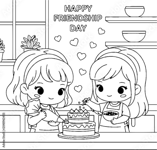 Cute cartoon girls celebrating Friendship Day with cake.