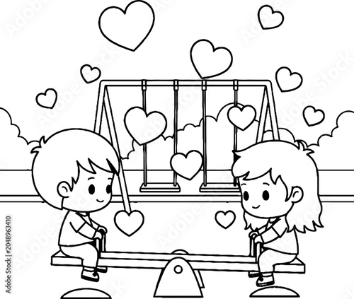 Children Playing Together on Heart Shaped Seesaw Illustration.