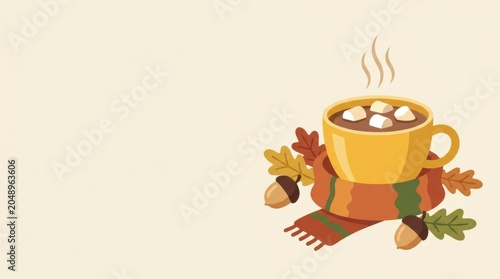 Cozy Autumn Hot Cocoa Mug with Marshmallows and Warm Scarf