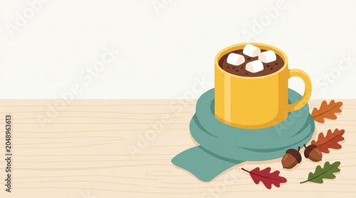 Cozy Autumn Hot Chocolate Mug with Scarf and Leaves Illustration