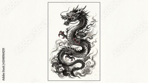 Detailed illustration of a fearsome black dragon with smoke.