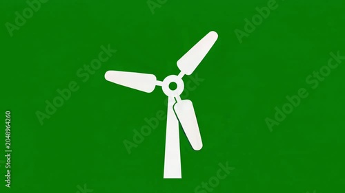 Minimalist white wind turbine icon animation with rotating blades on an isolated vibrant green background