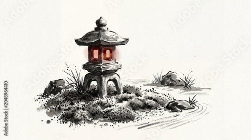 Traditional Japanese Stone Lantern in a Zen Garden Setting.
