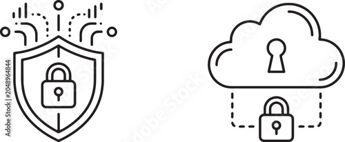 Art & Illustration, Cyber security firewall shield and encrypted cloud database padlock