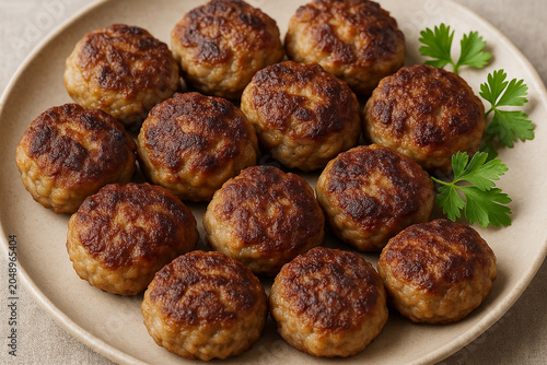 Traditional Danish meat balls or frikadeller. stock photo 