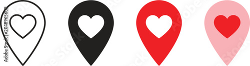 Set of heart shaped location pin icons in various colors