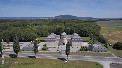 Panoramic aerial view of Schloss Niederweiden formal gardens, surrounded by countryside, Lower Austria.
