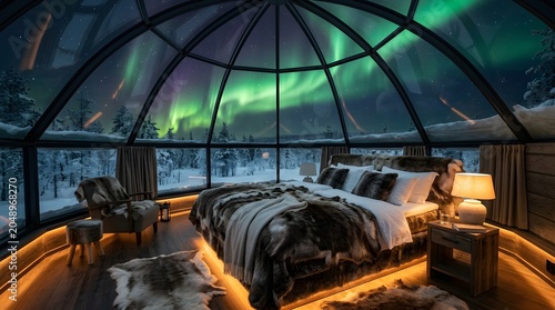Arctic glass igloo suite featuring spectacular northern lights view over snowy winter forest.