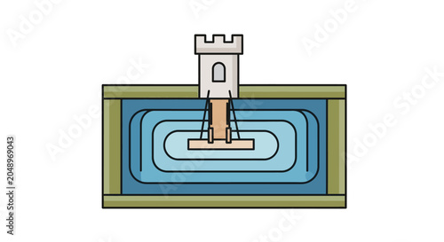 Medieval Castle Tower on Drawbridge over Water Moat